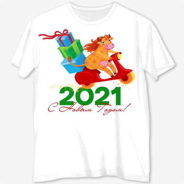 Футболка с полной запечаткой «С Новым Годом! Веселая корова с подарками на красном скутере. Год Быка 2021»