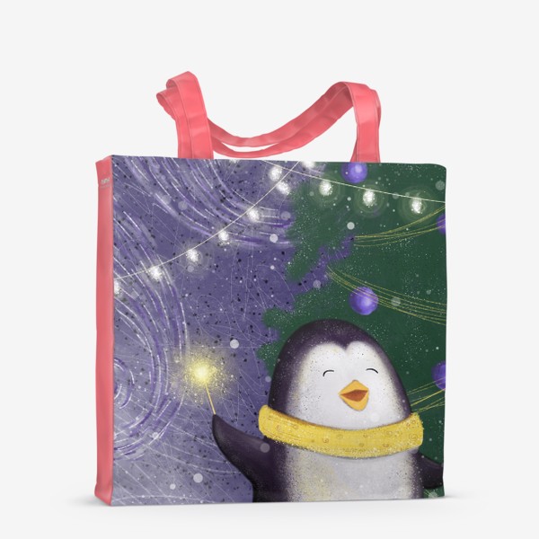 Сумка-шоппер «Веселый пингвин праздник новый год рождество елка огни»