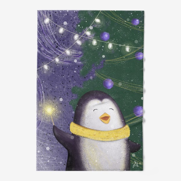 Полотенце «Веселый пингвин праздник новый год рождество елка огни»