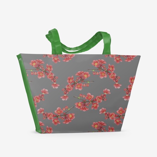 Пляжная сумка «Цветы айвы на сером фоне»