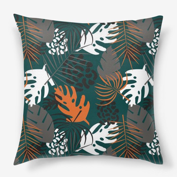 Подушка «Паттерн Тропические листья на темно-зеленом фоне»