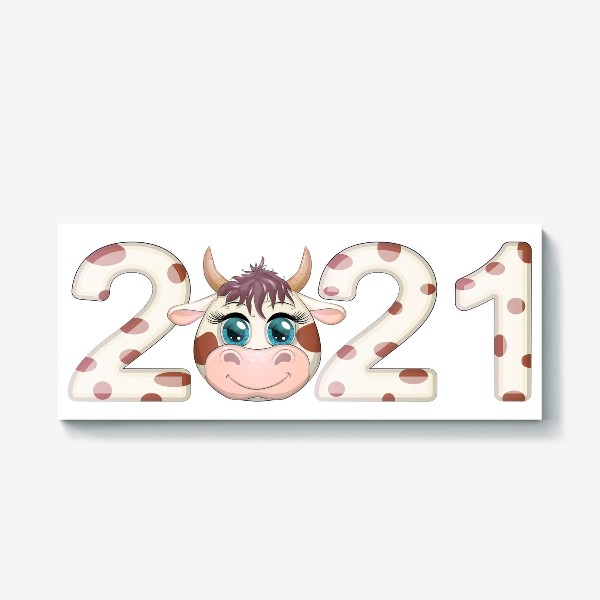Холст &laquo;2021, корова в надписи нового года&raquo;
