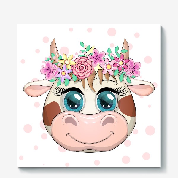Холст «Бык, символ 2021 года, мордочка милой коровы в венке»