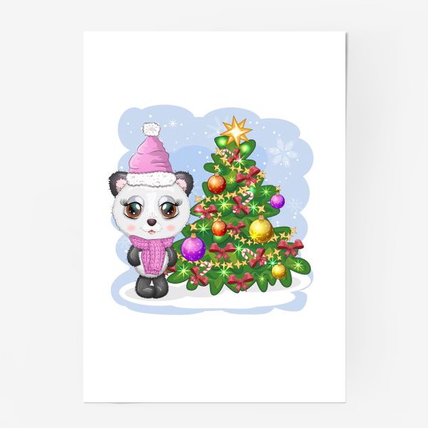 Постер «Панда с новогодней елочкой, новый год»