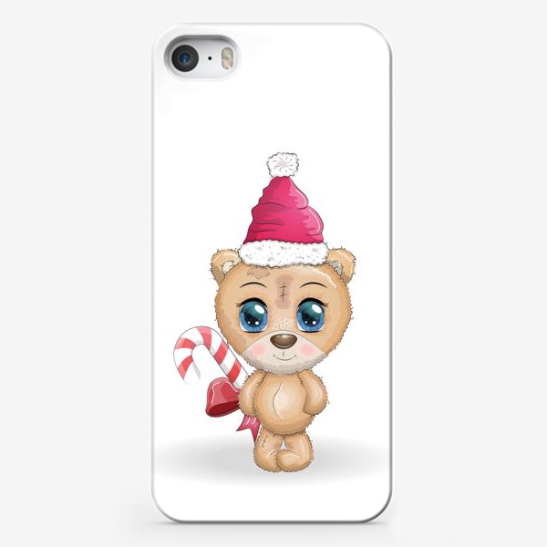 Чехол iPhone «Мишка в шапке Санты с кенди-кейн, новый год»