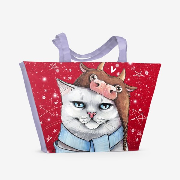 Пляжная сумка «Кот в шапке с быком нг 2021 - красный фон»