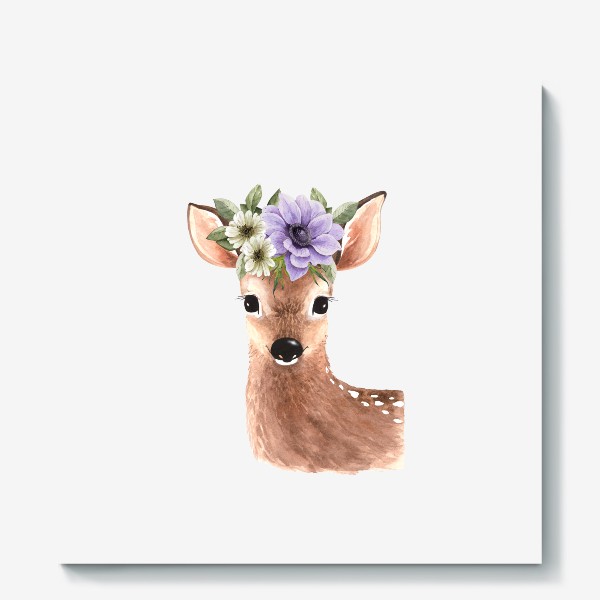 Холст «акварельная иллюстрация милого оленя с  букетом цветов на голове »