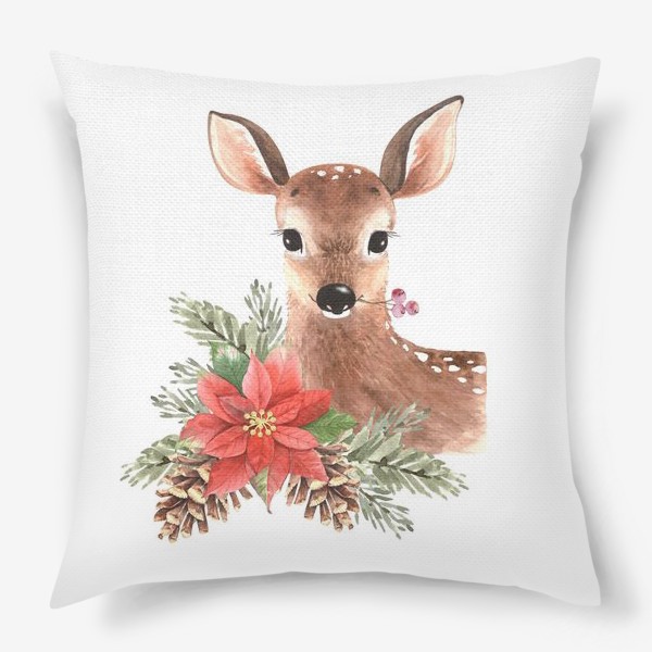Подушка «акварельная иллюстрация милого оленя с рождественским букетом»