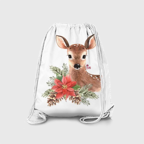 Рюкзак «акварельная иллюстрация милого оленя с рождественским букетом»