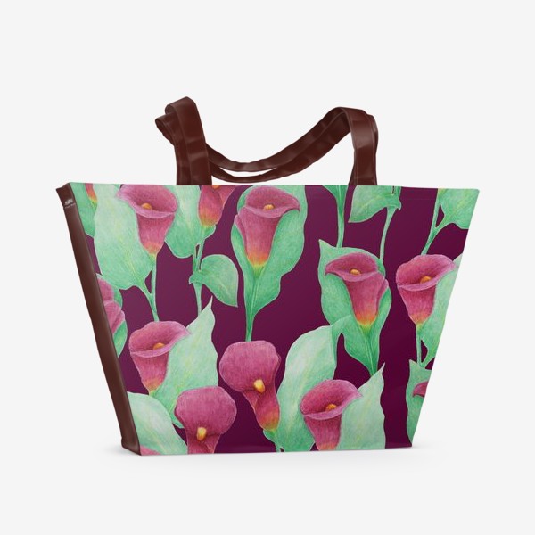 Пляжная сумка «Каллы на темно-вишневом фоне»