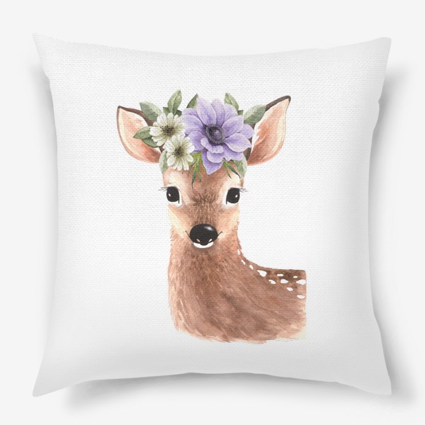 Подушка «акварельная иллюстрация милого оленя с  букетом цветов на голове »
