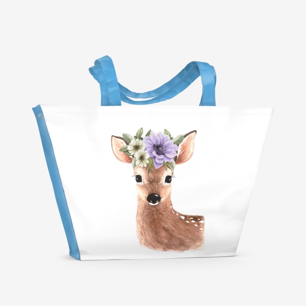 Пляжная сумка «акварельная иллюстрация милого оленя с  букетом цветов на голове »