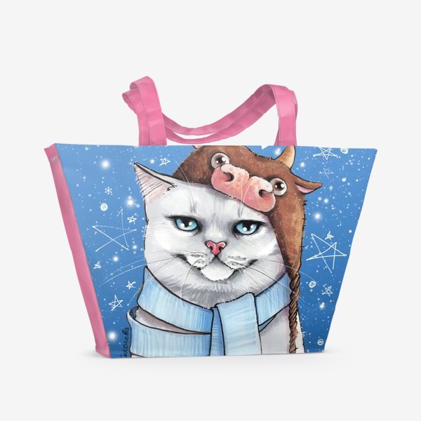 Пляжная сумка «кот в шапке с быком нг 2021 - голубой фон»