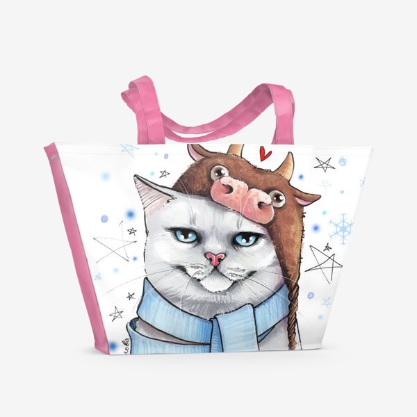 Пляжная сумка &laquo;кот в шапке с быком нг 2021 - белый фон &raquo;