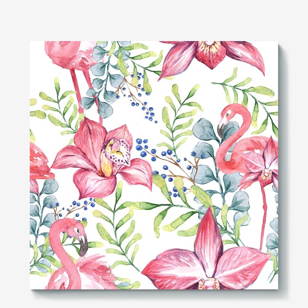 Холст «Орхидея Фламинго паттерн цветы птицы»