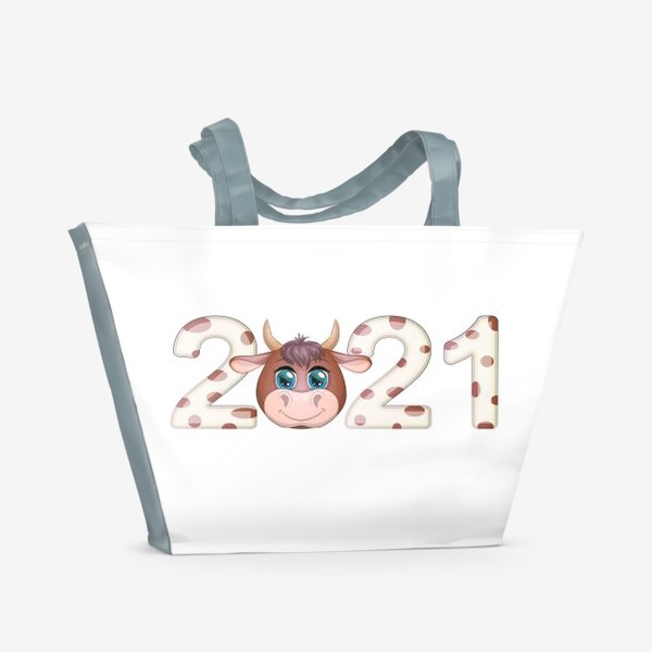 Пляжная сумка «2021, бык в надписи нового года»