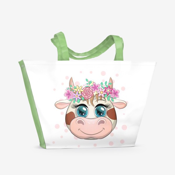Пляжная сумка «Бык, символ 2021 года, мордочка милой коровы в венке»
