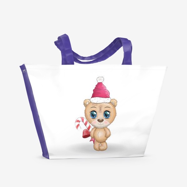 Пляжная сумка «Мишка в шапке Санты с кенди-кейн, новый год»