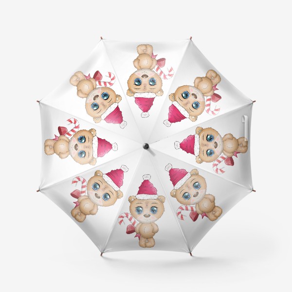 Зонт «Мишка в шапке Санты с кенди-кейн, новый год»