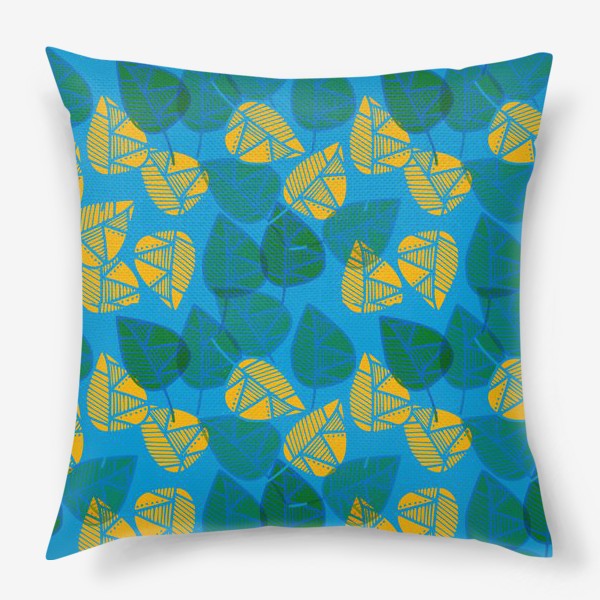 Подушка «Полупрозрачные листья на синем фоне»