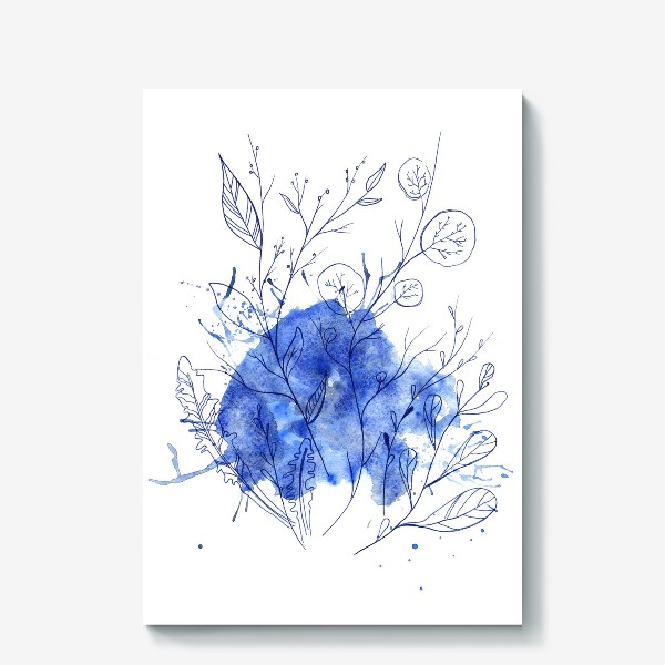 Холст «ветки с листьями на синем абстрактном пятне с брызгами»