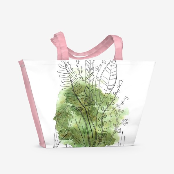 Пляжная сумка «листья и ветки на зеленом абстрактном фоне»