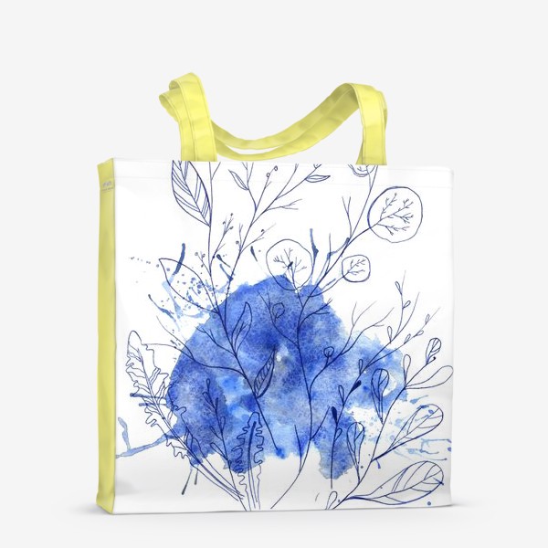 Сумка-шоппер «ветки с листьями на синем абстрактном пятне с брызгами»