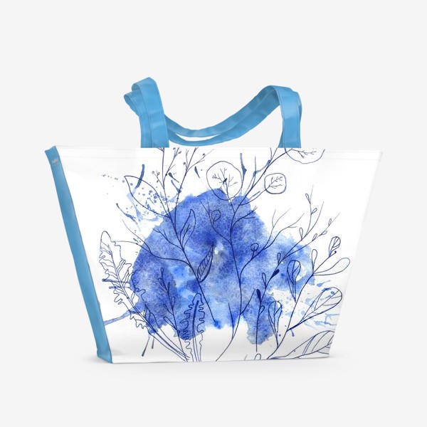 Пляжная сумка «ветки с листьями на синем абстрактном пятне с брызгами»
