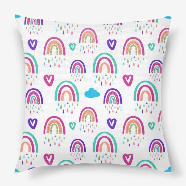 Подушка «Симпатичный паттерн с радугой, сердечками, облаком»