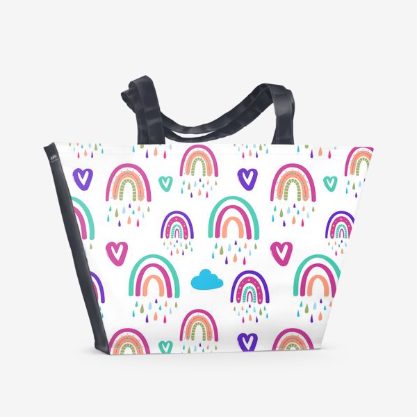 Пляжная сумка «Симпатичный паттерн с радугой, сердечками, облаком»