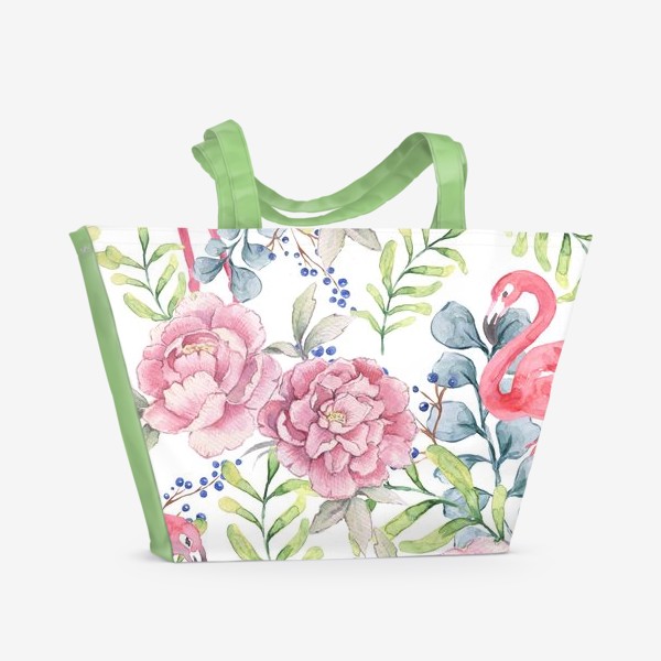 Пляжная сумка «Фламинго Пион цветок паттерн»