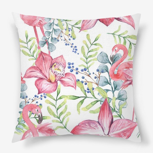 Подушка «Орхидея Фламинго паттерн цветы птицы»