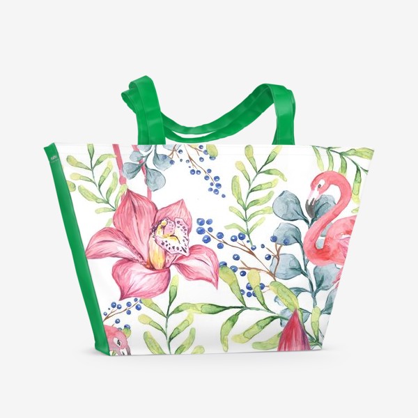 Пляжная сумка «Орхидея Фламинго паттерн цветы птицы»