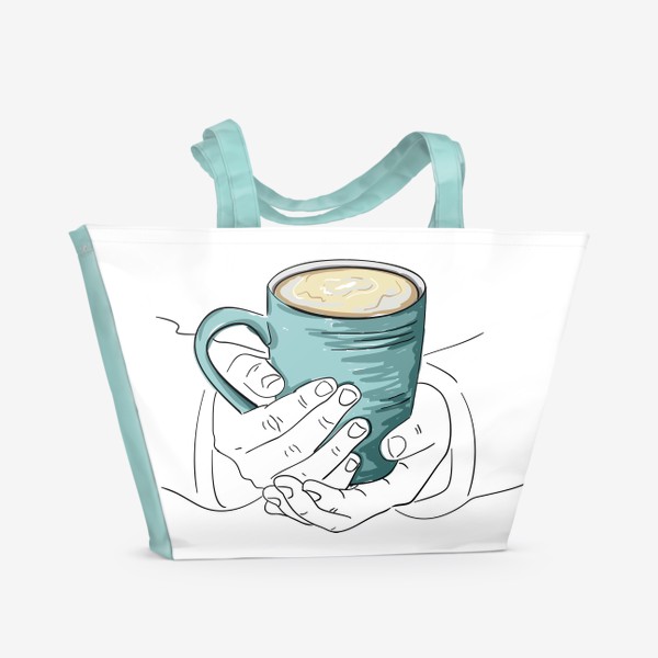 Пляжная сумка «Чашка кофе, какао, чая в руках. Горячий напиток в кружке согревает душу»