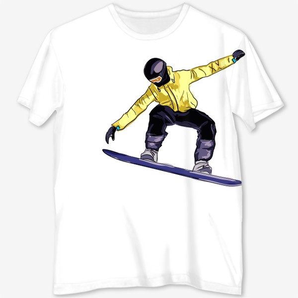 Футболка с полной запечаткой «Сноубордист в полете. Спортсмен катается на доске для сноуборда»