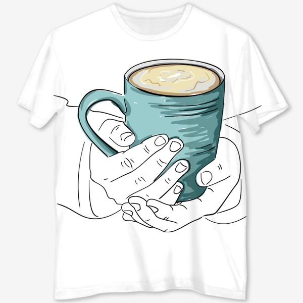Футболка с полной запечаткой «Чашка кофе, какао, чая в руках. Горячий напиток в кружке согревает душу»