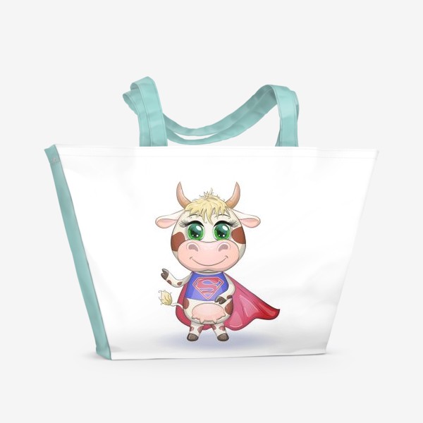 Пляжная сумка &laquo;Бык, символ 2021 года, корова супер-герой спешит на помощь&raquo;