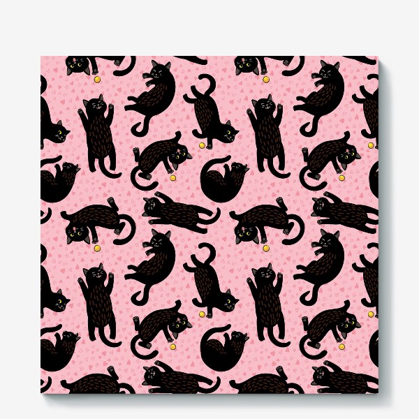 Холст «Игривый чёрный котенок на розовом фоне»