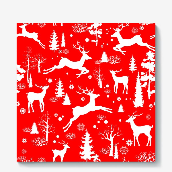 Холст «Рождественский лес с оленями на красном фоне»