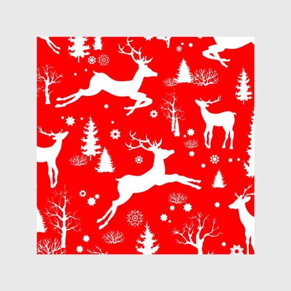 Шторы «Рождественский лес с оленями на красном фоне»