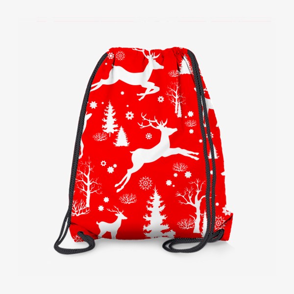 Рюкзак «Рождественский лес с оленями на красном фоне»