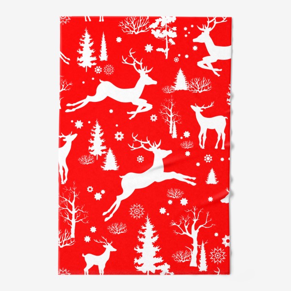Полотенце «Рождественский лес с оленями на красном фоне»