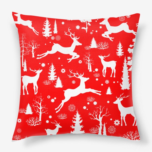 Подушка «Рождественский лес с оленями на красном фоне»