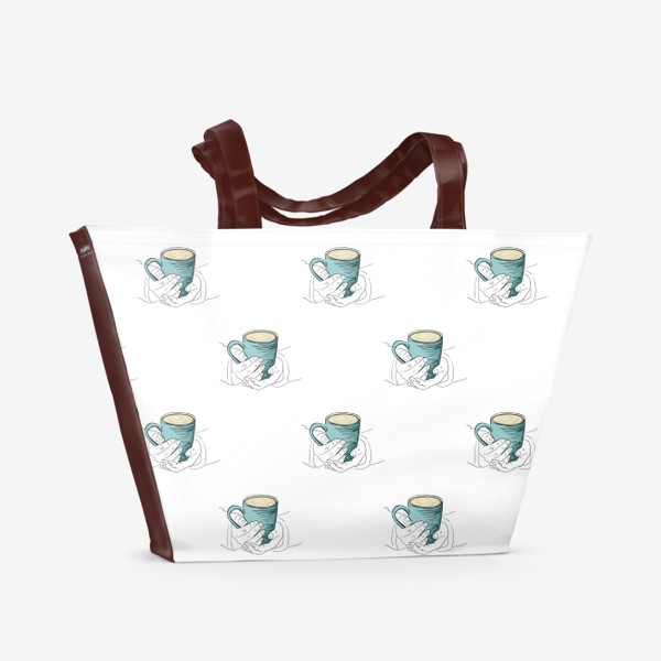 Пляжная сумка «Согревающий напиток в руках. Паттерн с бирюзовой чашкой чая, кофе или какао»