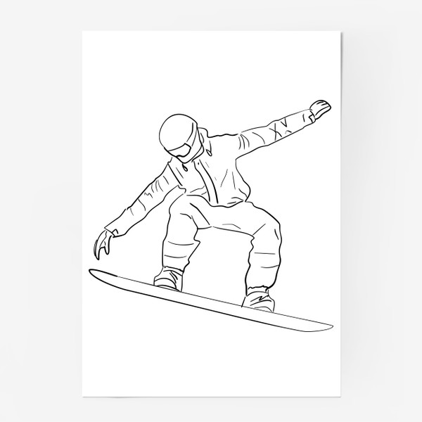 Постер «Сноубордист в полете. Спортсмен на сноуборде. Черно-белый скетч»