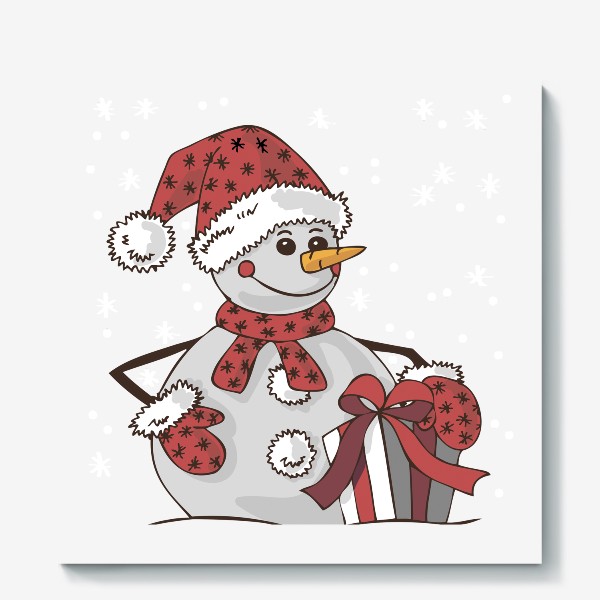 Холст «Снеговик и подарок иллюстрация»