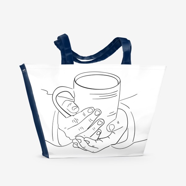 Пляжная сумка «Чашка горячего кофе, чая или какао согревает руки. Черно-белый скетч»