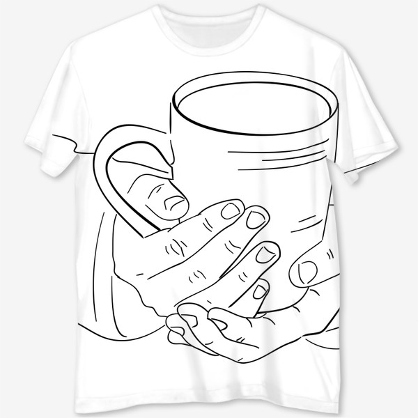 Футболка с полной запечаткой «Чашка горячего кофе, чая или какао согревает руки. Черно-белый скетч»