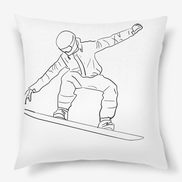 Подушка &laquo;Сноубордист в полете. Спортсмен на сноуборде. Черно-белый скетч&raquo;