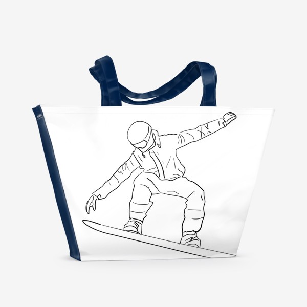 Пляжная сумка «Сноубордист в полете. Спортсмен на сноуборде. Черно-белый скетч»